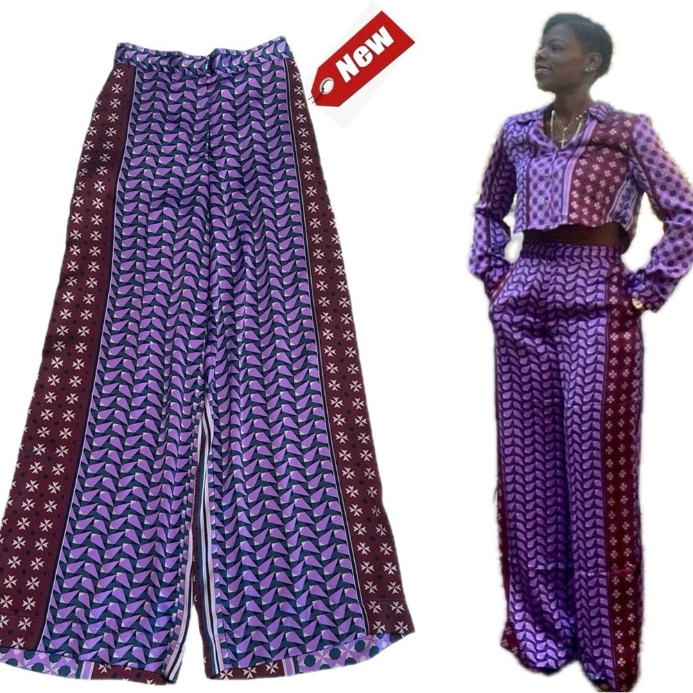 House of Harlow purple burgundy satin effect geometric printed pyjama pants NWT